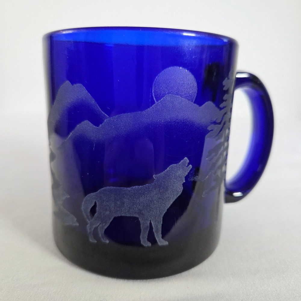 Vintage Cobalt Blue Glass Howling Wolf Etched Coffee Mug Made in USA Nature Moon